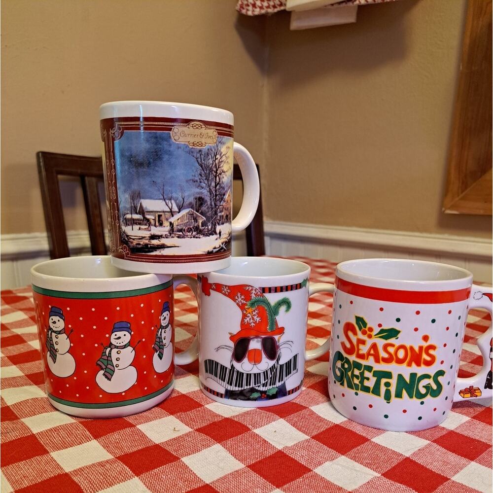 Christmas Holiday Mugs Lot of 4 Mis-matched Currier & Ives Cat Snowman Santa